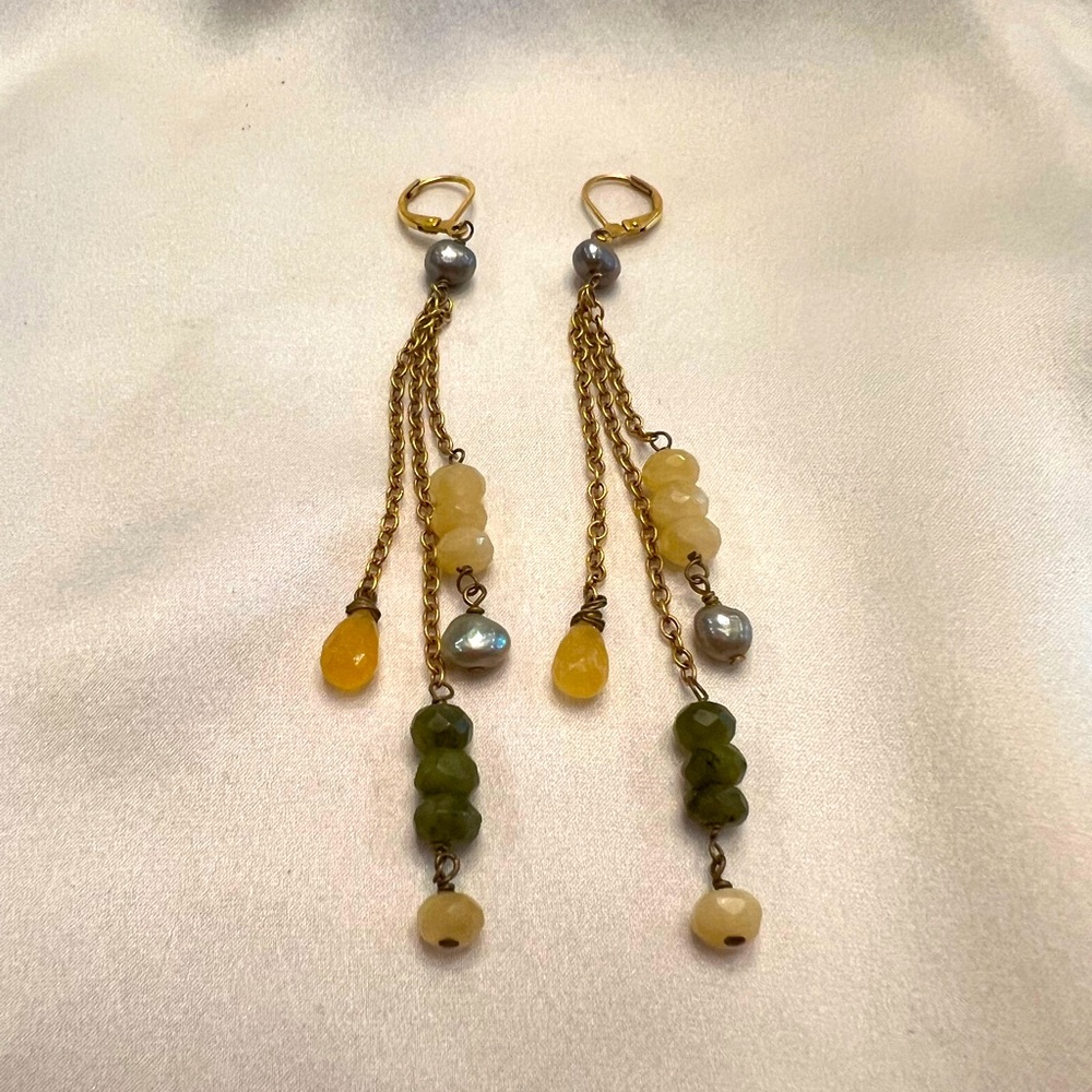 Elegant Gold Tone and Green Dangle Earrings